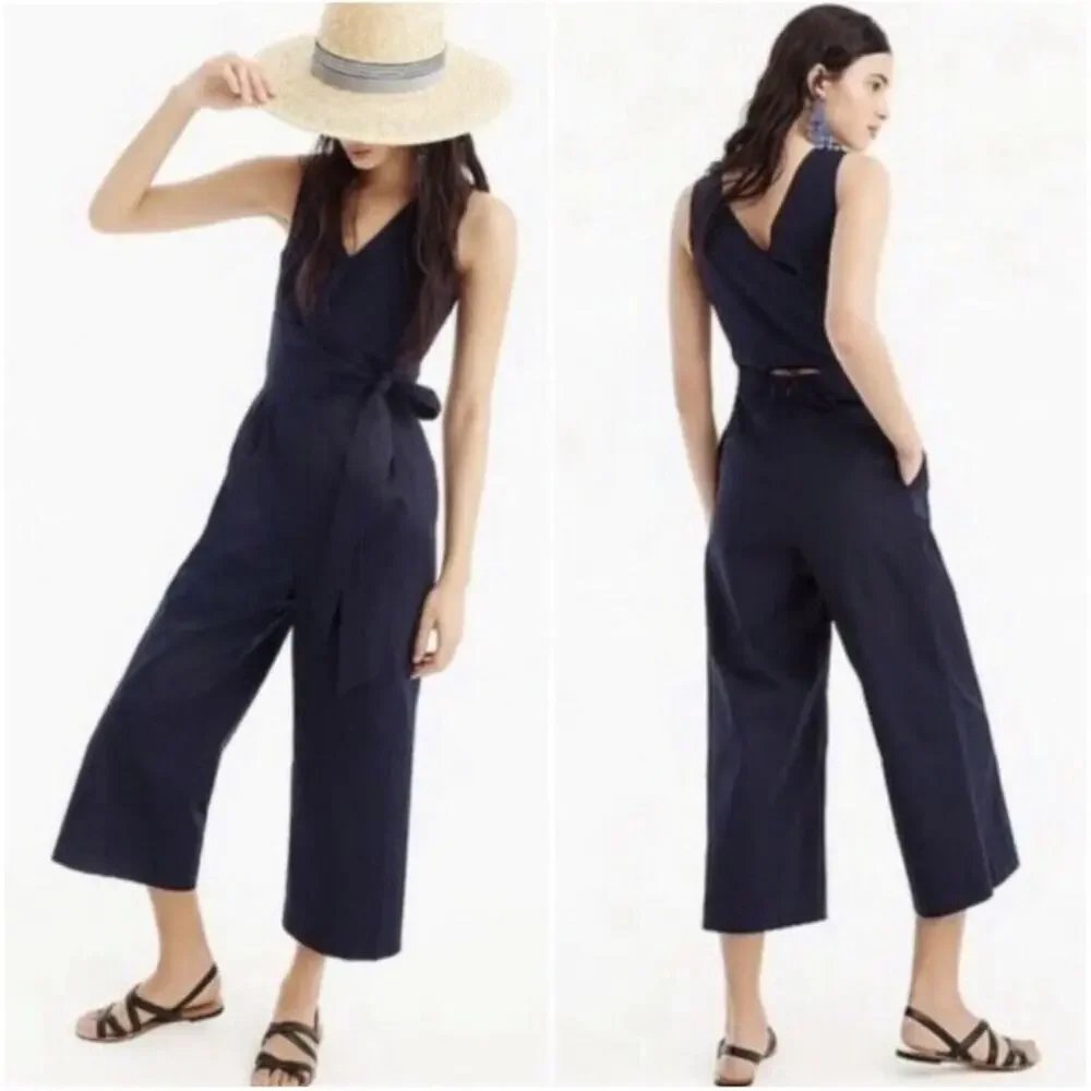 J. Crew Wrap-Tie Jumpsuit in Stretch Poplin Navy Blue H7683 Size 2